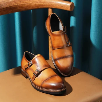 Buty męskie ze skóry naturalnej, Nowość 2021 roku, Biznes wzorcowy buty Monk, buty z Pierwszej Warstwy z Wołowej skóry na podeszwie, Zwiększona Oficjalna odzież, obuwie męskie