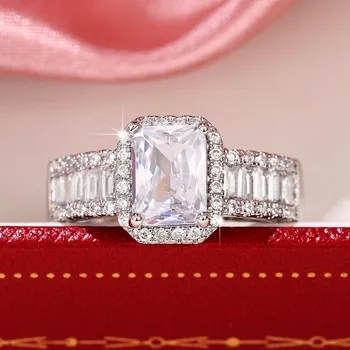 Huitan Luksusowe Kwadratowy Sześcienny Cyrkonu Obrączki ślubne z Kryształami dla Kobiet w Kolorze Srebrnym, Modne Obrączki Biżuteria Umowy, Hurt