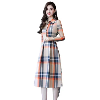 Kobiecą sukienkę w kratę 2021, nowa wiosenno-jesienna koreańskiej wersji cienkiej temperamentu spódnice, koszule z długimi rękawami
