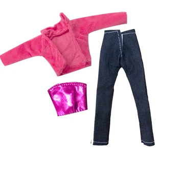 Oficjalna NK, 3 przedmiotu/zestaw, Modny Strój, Czerwony płaszcz + Różowe bluzki + Czarne spodnie, Odzież Casual, akcesoria dla Lalki Barbie