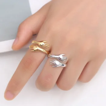 Ręce W Formie Uścisku Para Pierścieni Dla Zakochanych Kobiet Mężczyzn Lady Chłopak Dziewczyny Walentynki Biżuteria Prezent Kolor Srebrny Regulowany Otwarte Pierścień