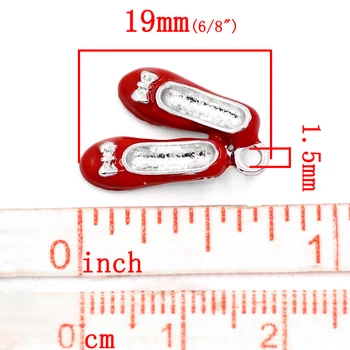 Urocze zawieszki DoreenBeads do butów w kolorze Srebrnym z czerwoną emalią 19x14 mm, 10 szt. (B23255), Yiwu